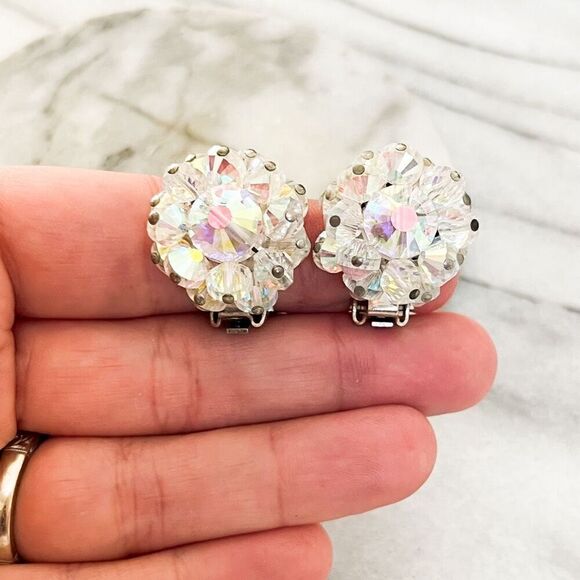 Vintage Signed Hobe Earrings AB Crystal Faceted Beads Clip On Silver Toned - Picture 4 of 8